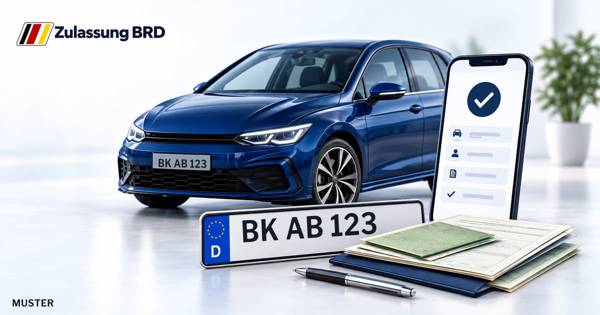 Online Fahrzeugzulassung in Winnenden: Musterkennzeichen BK AB 123, Auto und Fahrzeugpapiere und Smartphone. Illustration mit Logo von Zulassung BRD.